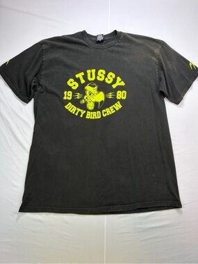 Stussy Black Tee with Neon Yellow Dirty Bird Crew Graphic